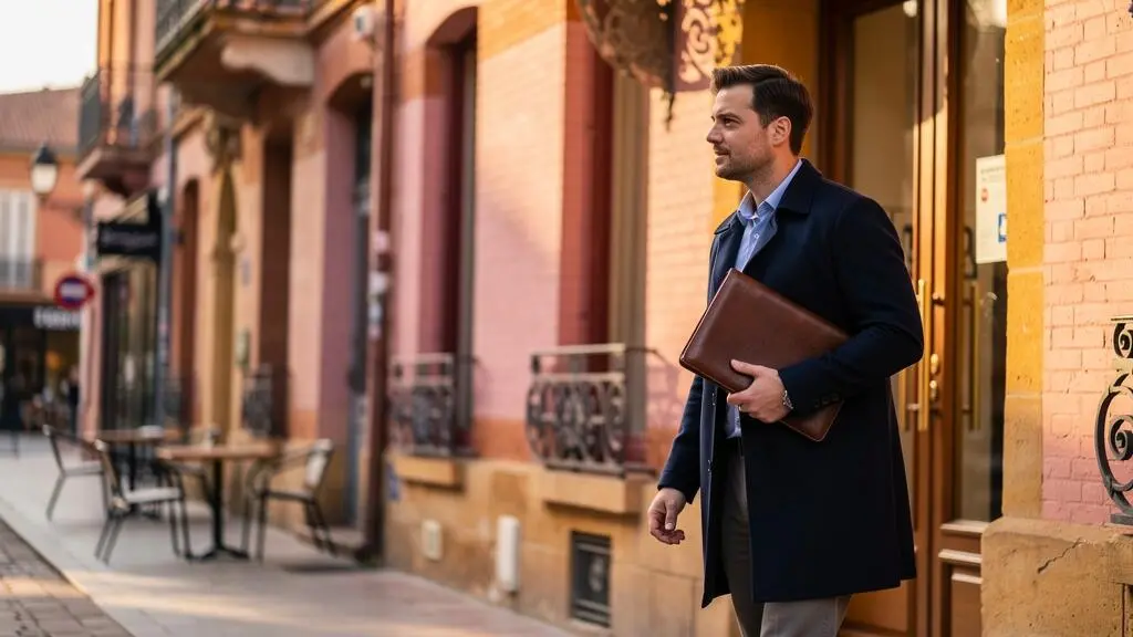 Un expert-comptable marche dans une rue toulousaine aux façades de brique rose, un porte-documents sous le bras.